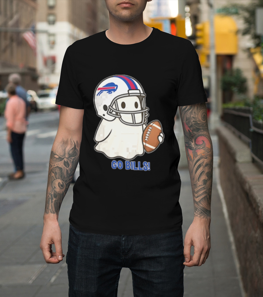 Buffalo Bills Ghost GO BILLS Football Helmet Holding Ball T-Shirt