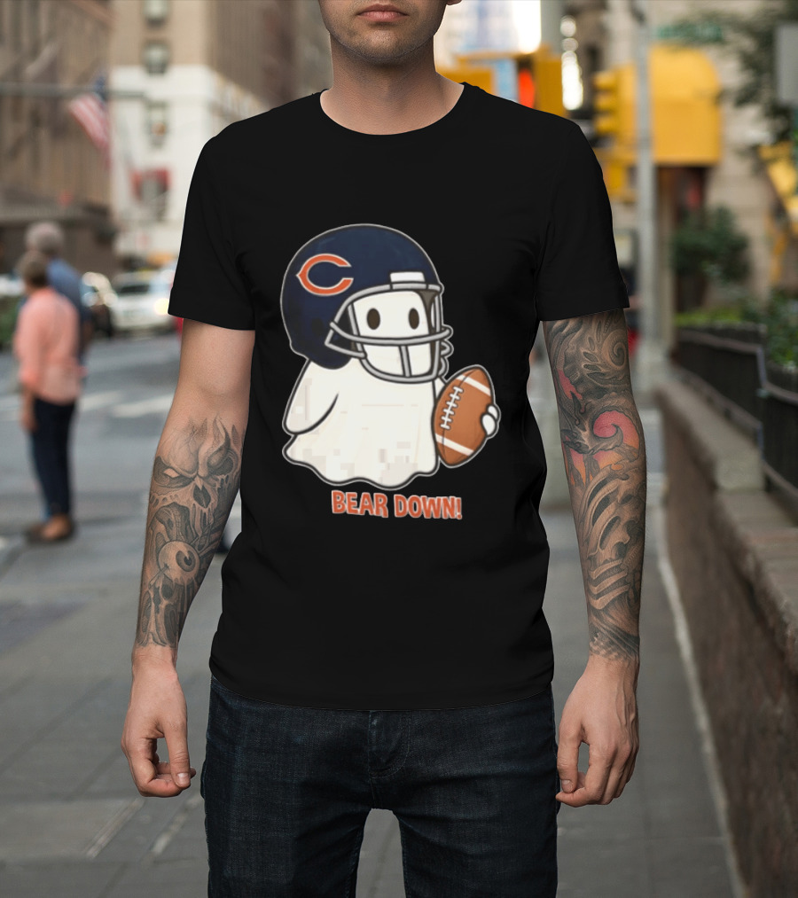 Chicago Bears Bear Down Ghost Football Helmet Holding Ball T-Shirt