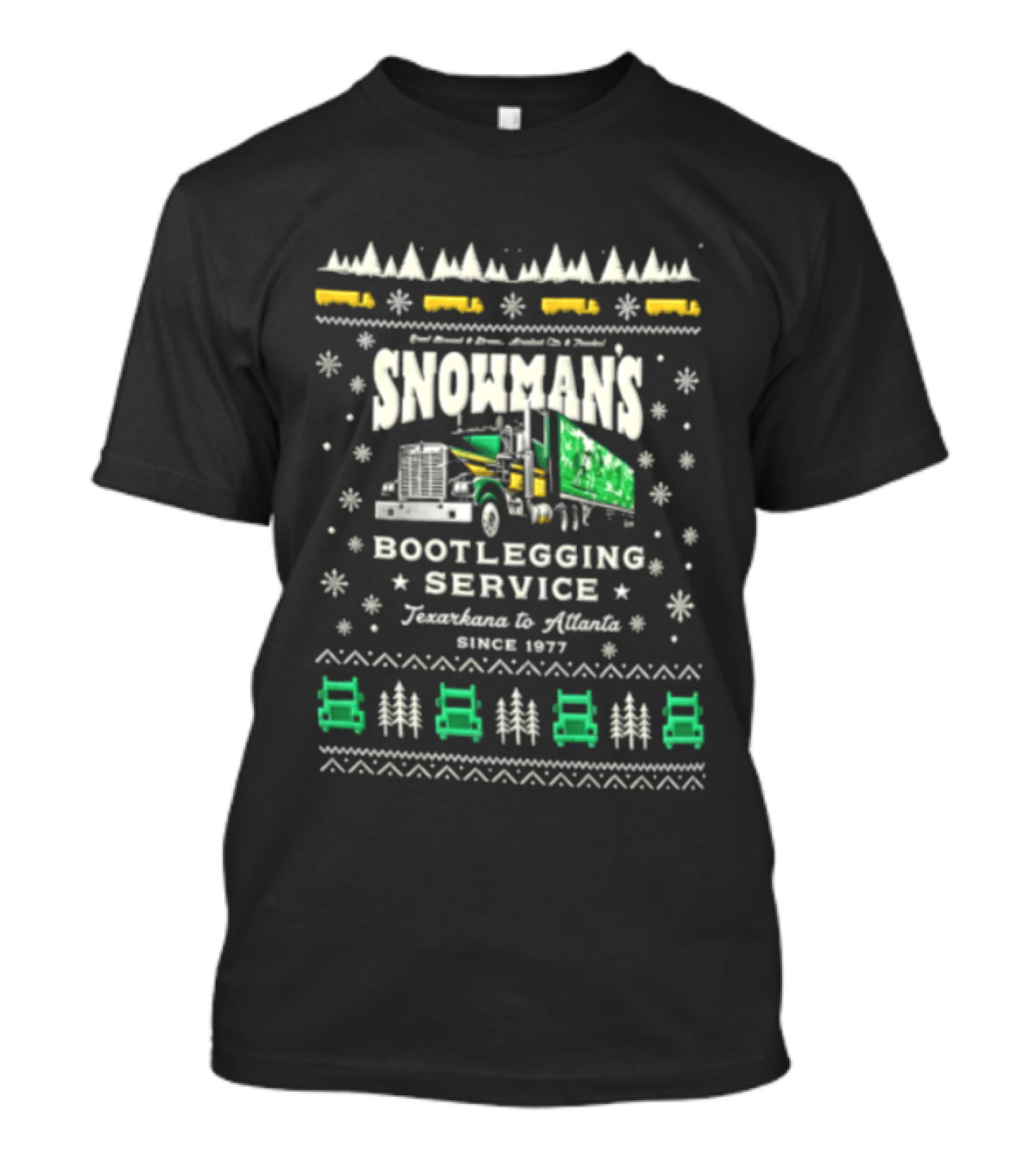 Snowmans Boot Service Texarkana To Atlanta 1977 Semi Truck Snowflakes Pine Trees Christmas T-Shirt