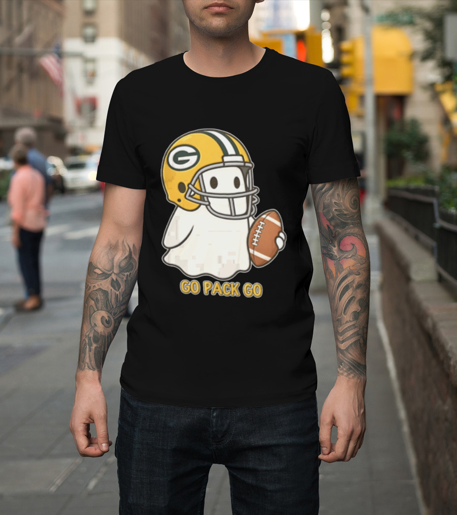Go Pack Go Ghost With Green Bay Packers Football Helmet And Ball T-Shirt