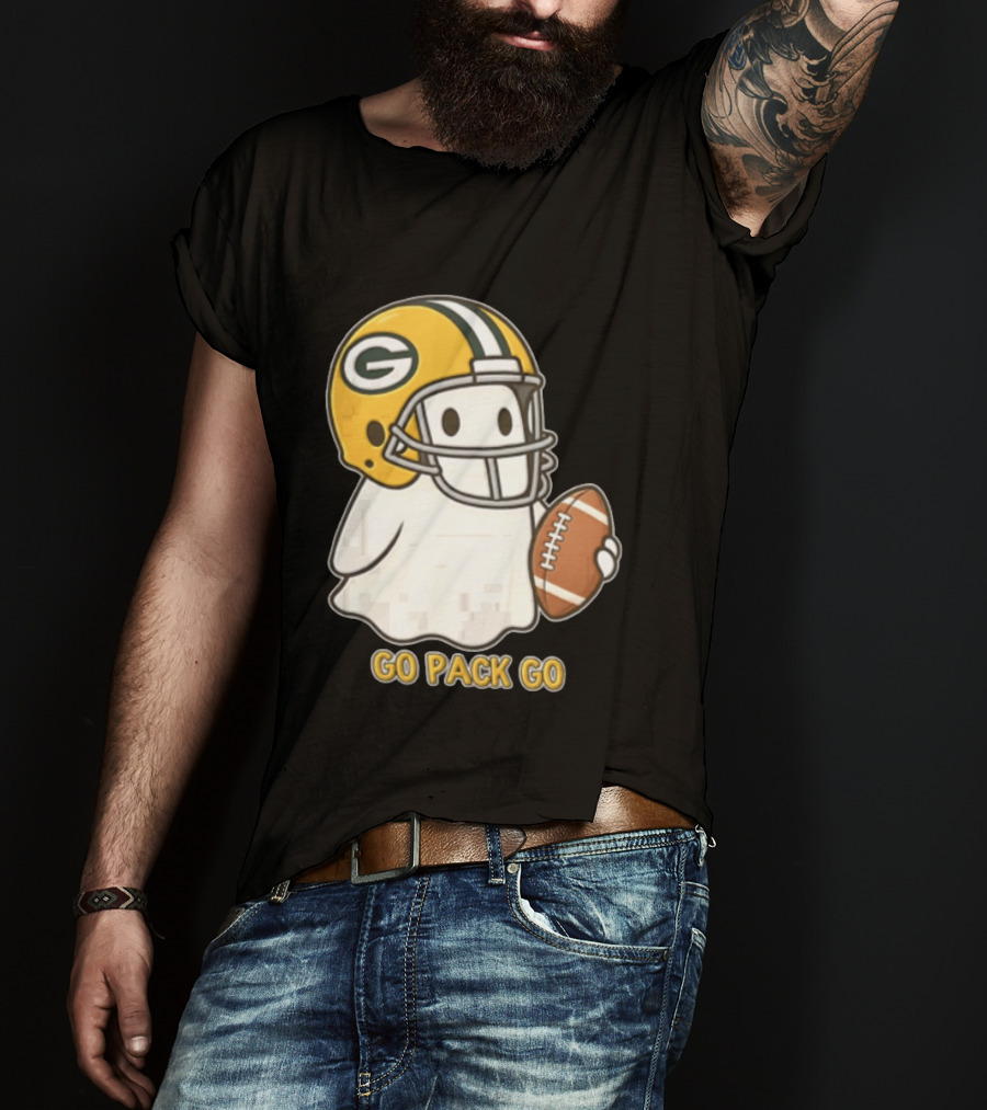 Go Pack Go Ghost With Green Bay Packers Football Helmet And Ball T-Shirt