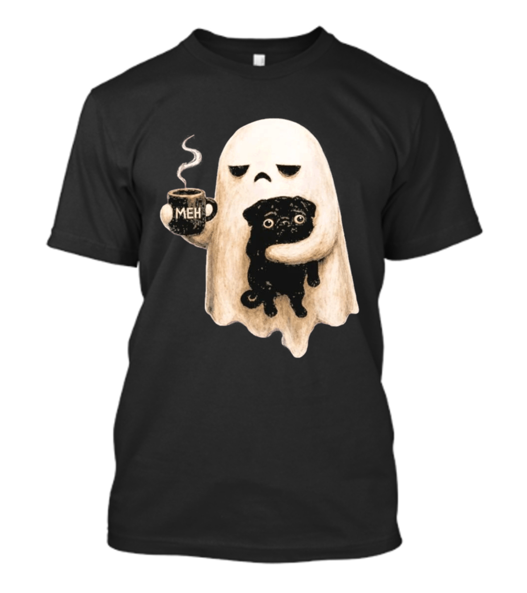 Halloween Meh Ghost Holding Black Pug Dog Lover T-Shirt