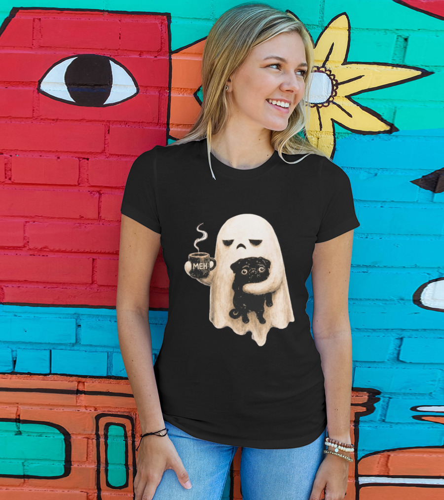 Halloween Meh Ghost Holding Black Pug Dog Lover T-Shirt