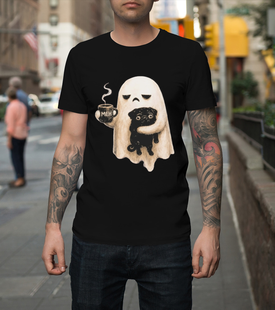 Halloween Meh Ghost Holding Black Pug Dog Lover T-Shirt