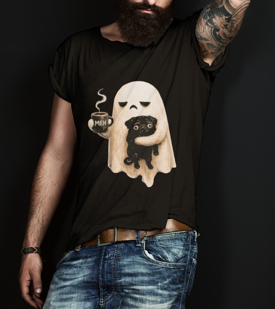 Halloween Meh Ghost Holding Black Pug Dog Lover T-Shirt
