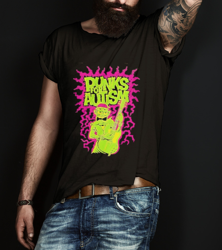 Punks For Autism Frankenstein Guitar Player Neon Rock T-Shirt