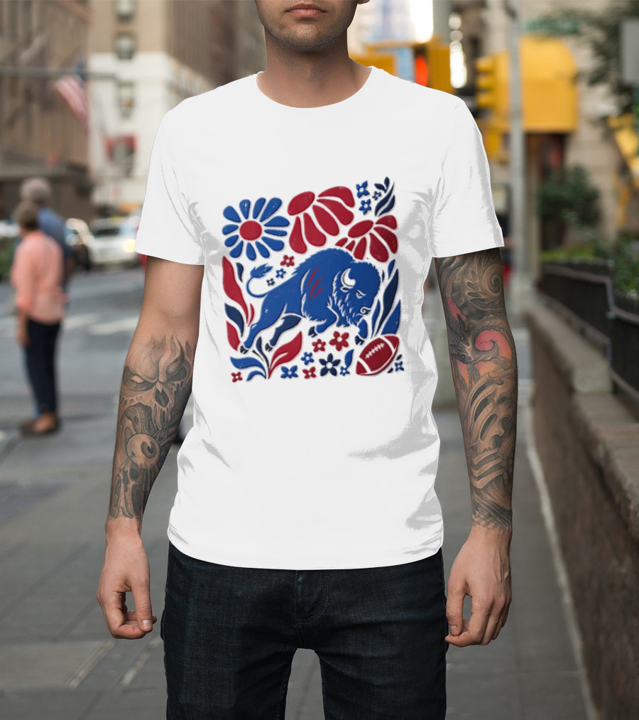 Buffalo Bills Charging Buffalo Red Blue Flowers Football T-Shirt