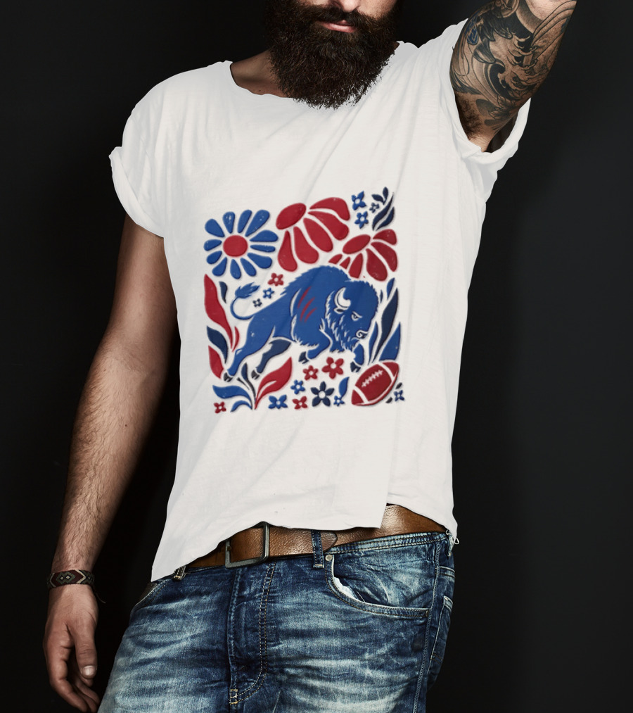 Buffalo Bills Charging Buffalo Red Blue Flowers Football T-Shirt