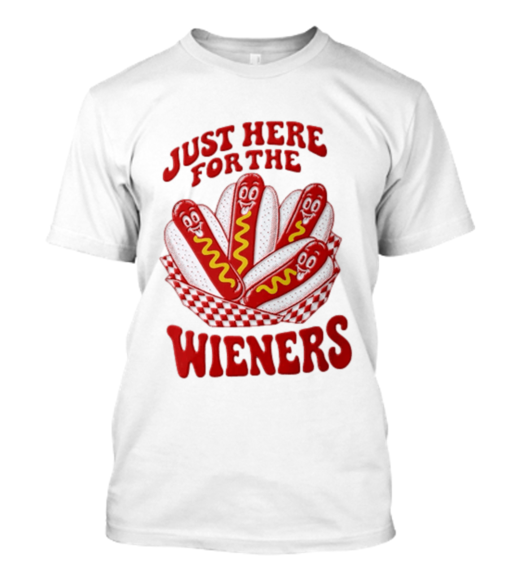 Just Here For The Wieners Four Cartoon Hot Dogs Mustard T-Shirt