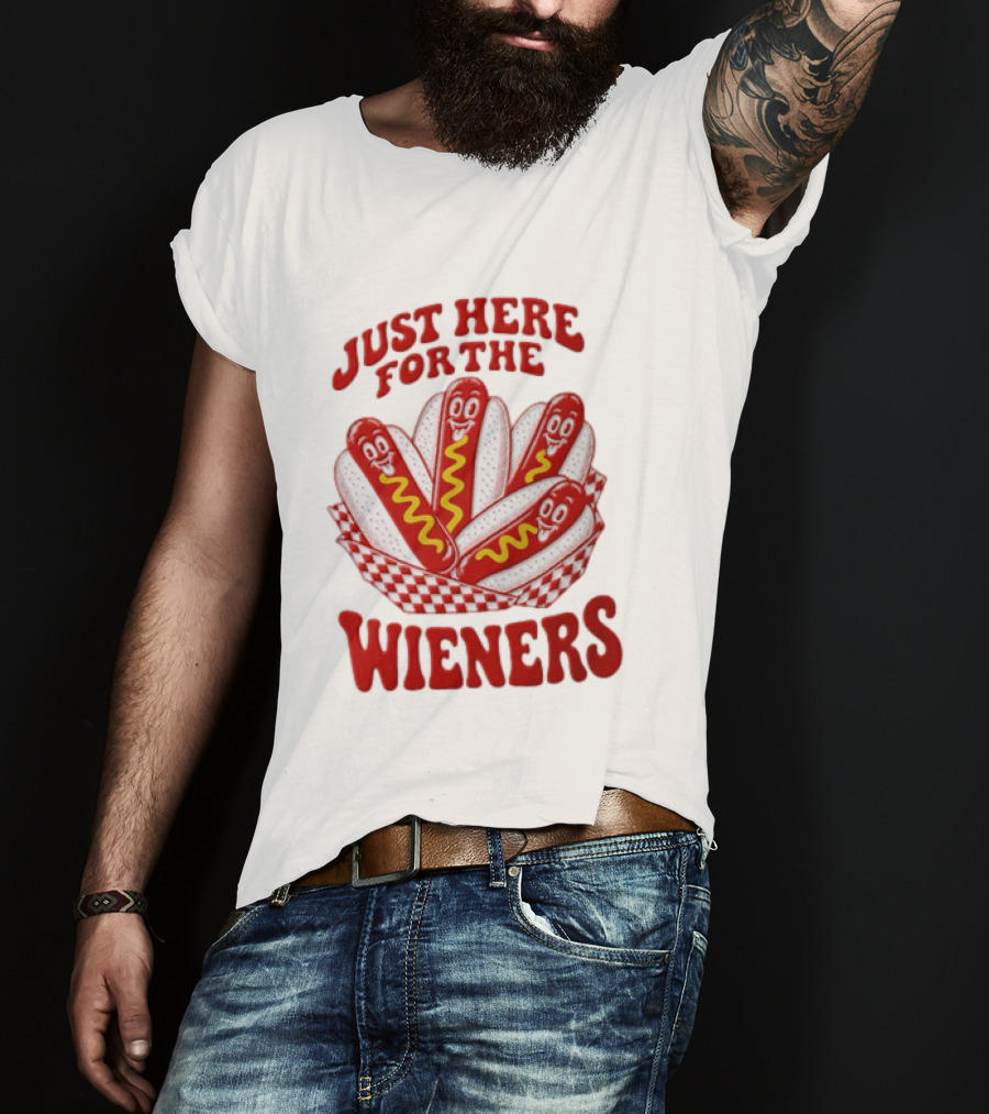 Just Here For The Wieners Four Cartoon Hot Dogs Mustard T-Shirt
