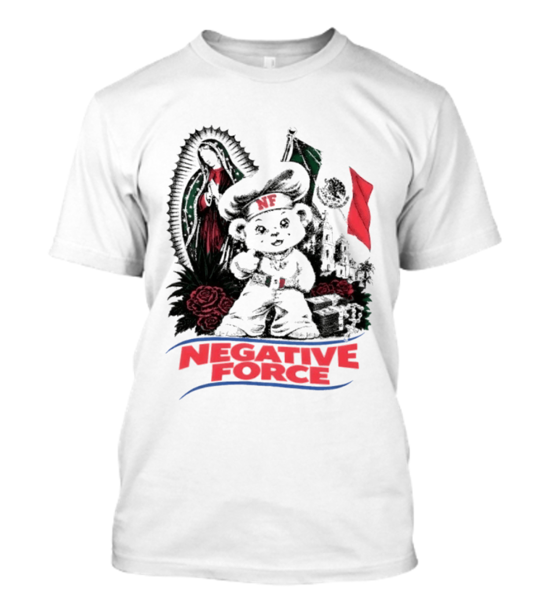 Negative Force Bear With Mexican Flag Virgin Mary Roses T-Shirt