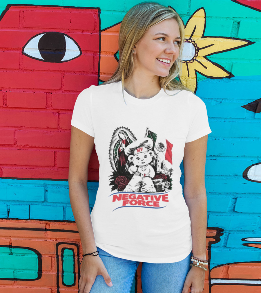 Negative Force Bear With Mexican Flag Virgin Mary Roses T-Shirt