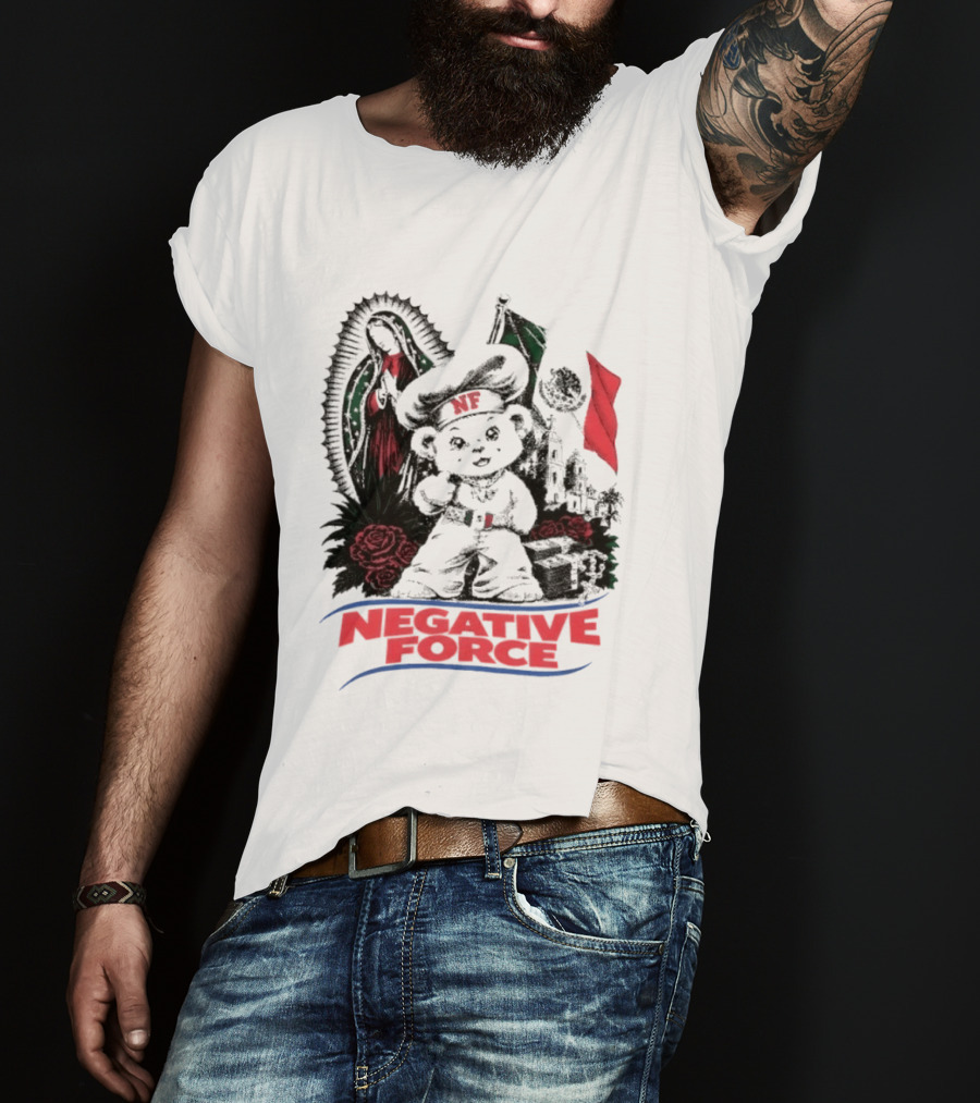 Negative Force Bear With Mexican Flag Virgin Mary Roses T-Shirt