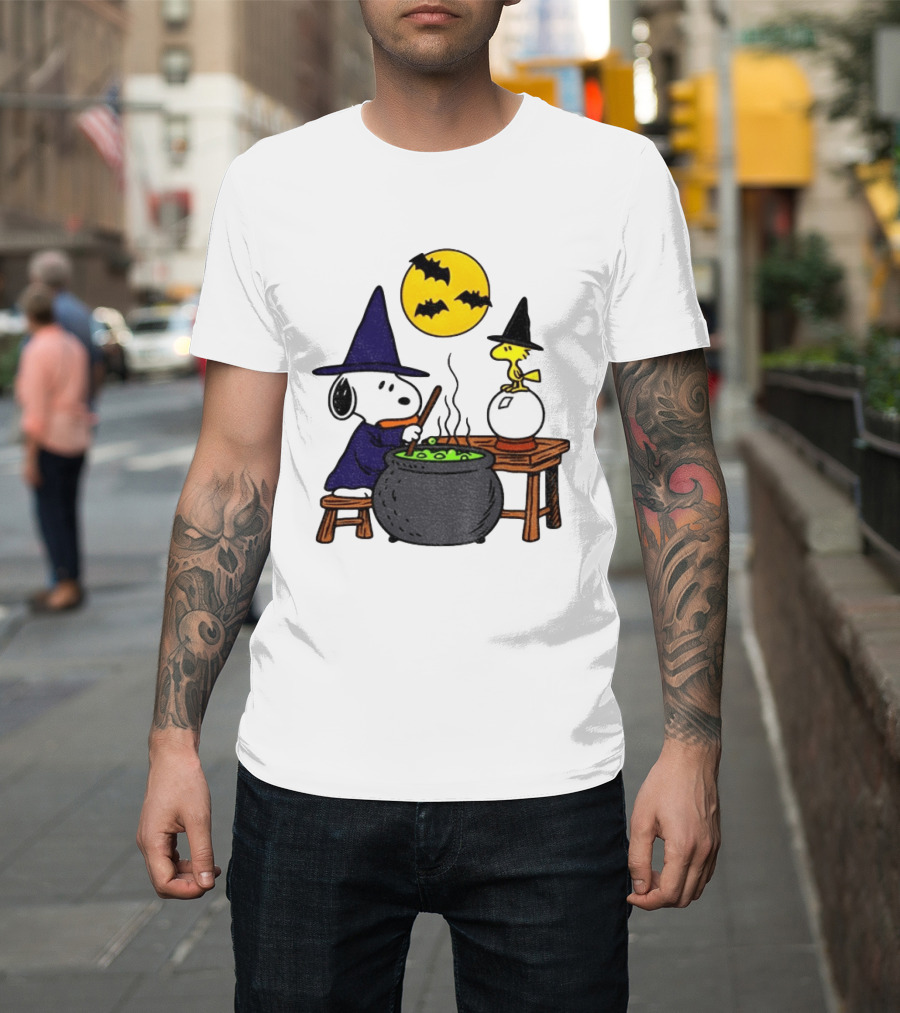 Snoopy Witch Cauldron Woodstock Crystal Ball Halloween Moon Bats T-Shirt