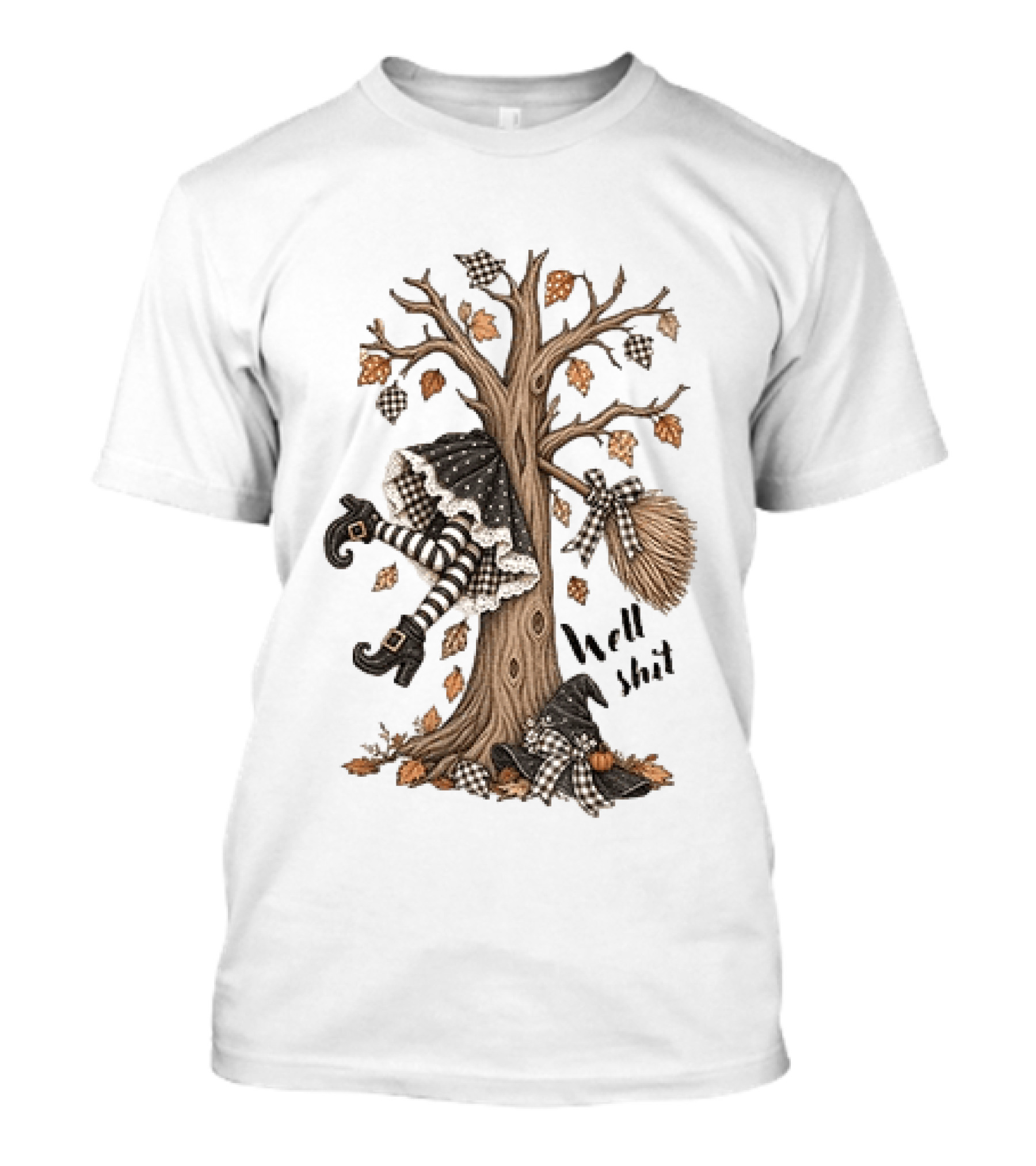 Well Shit Witch Halloween Tree Broom Black White Stripes Autumn Leaves T-Shirt