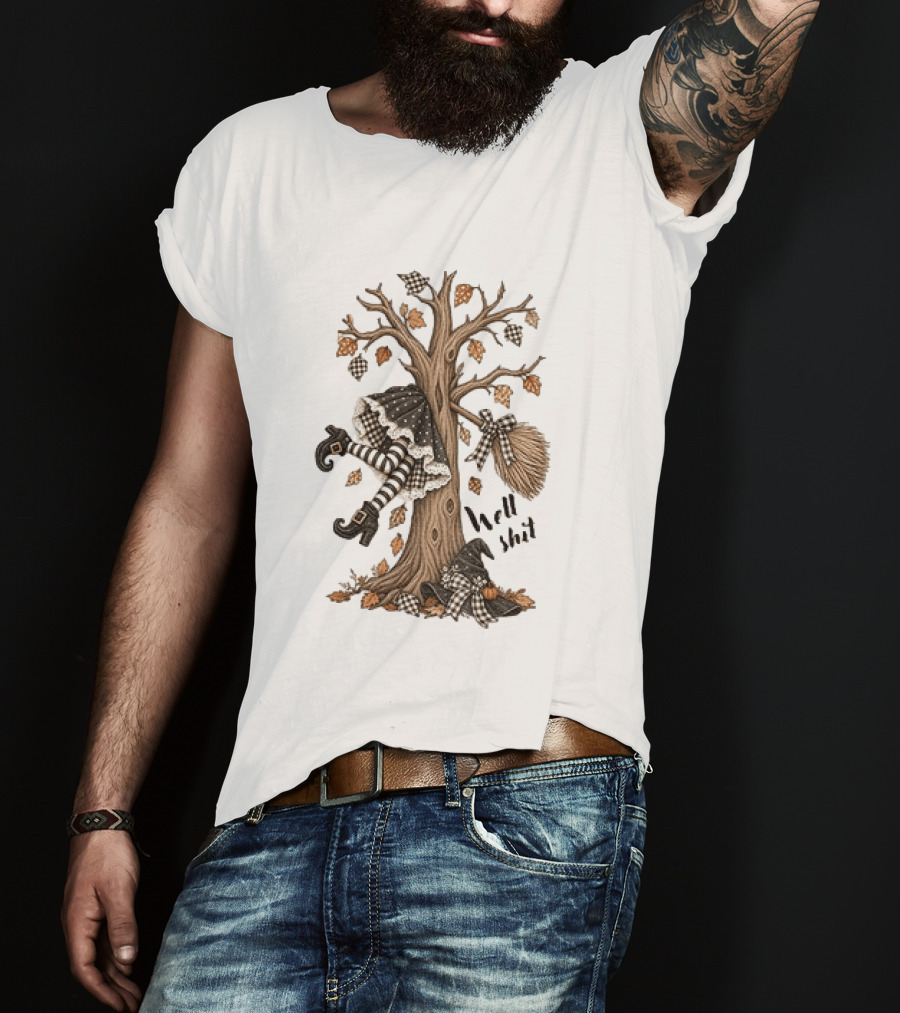 Well Shit Witch Halloween Tree Broom Black White Stripes Autumn Leaves T-Shirt