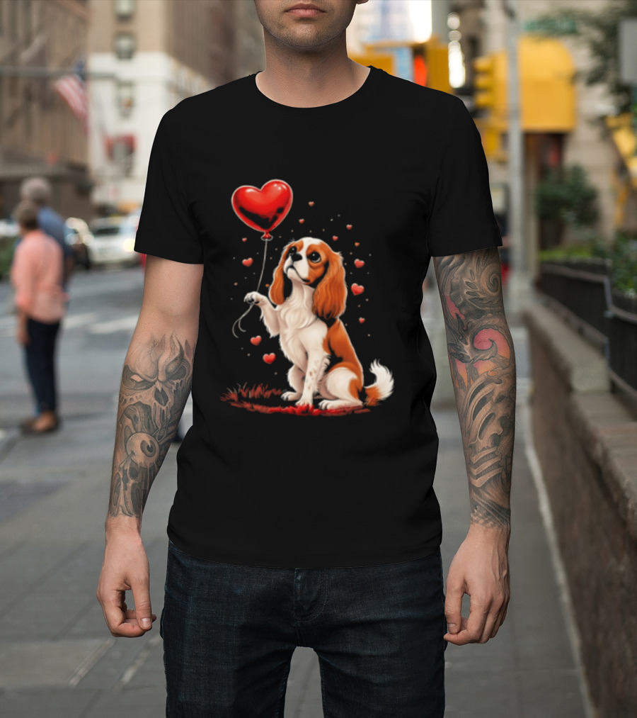 Cavalier King Charles Spaniel With Heart Balloon Surrounded By Floating Hearts T-Shirt