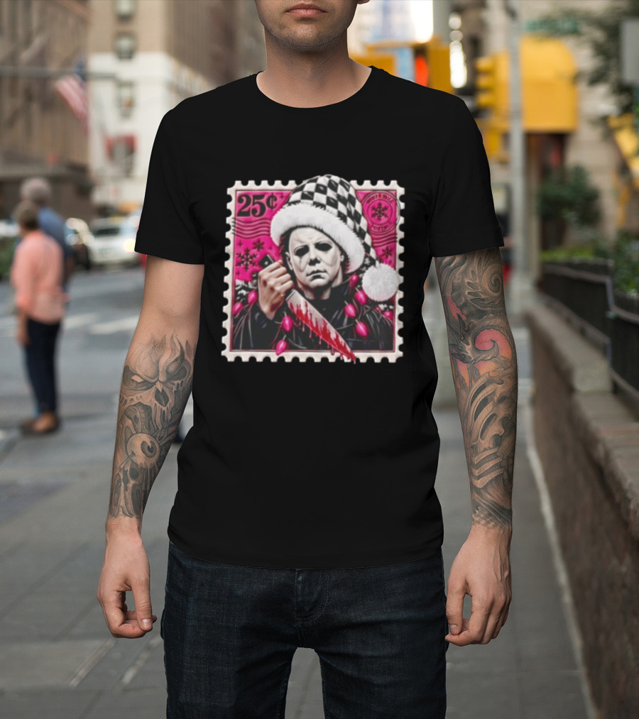 Cincinnati Bengals Michael Myers 25 Cent Checkerboard Santa Hat Holding Knife Pink T-Shirt