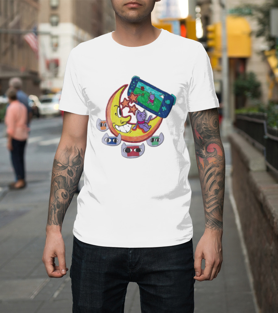 Purple Bear Gaming On Moon With Sunflowers And Dogs Whimsical Two Sided T-Shirt