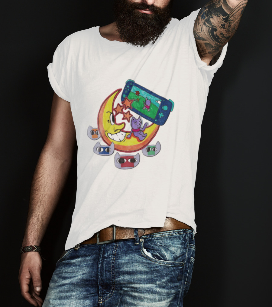 Purple Bear Gaming On Moon With Sunflowers And Dogs Whimsical Two Sided T-Shirt