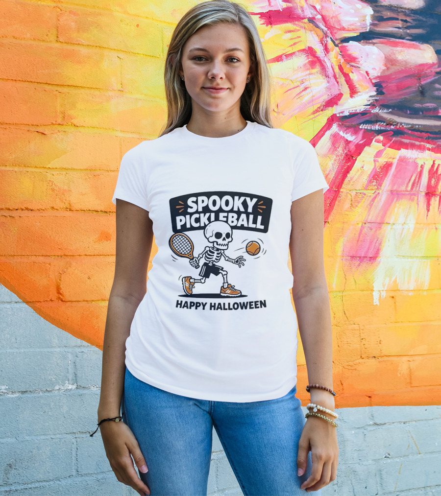 Spooky Pickleball Skeleton Halloween T-Shirt