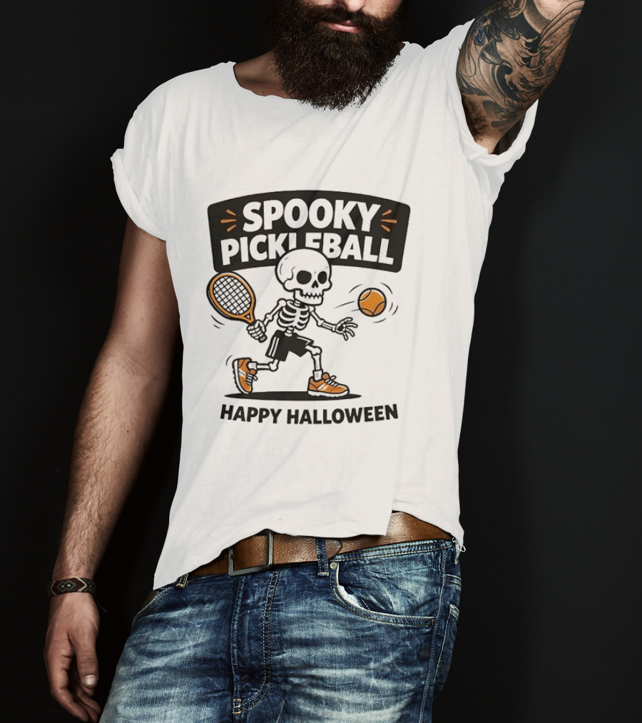 Spooky Pickleball Skeleton Halloween T-Shirt