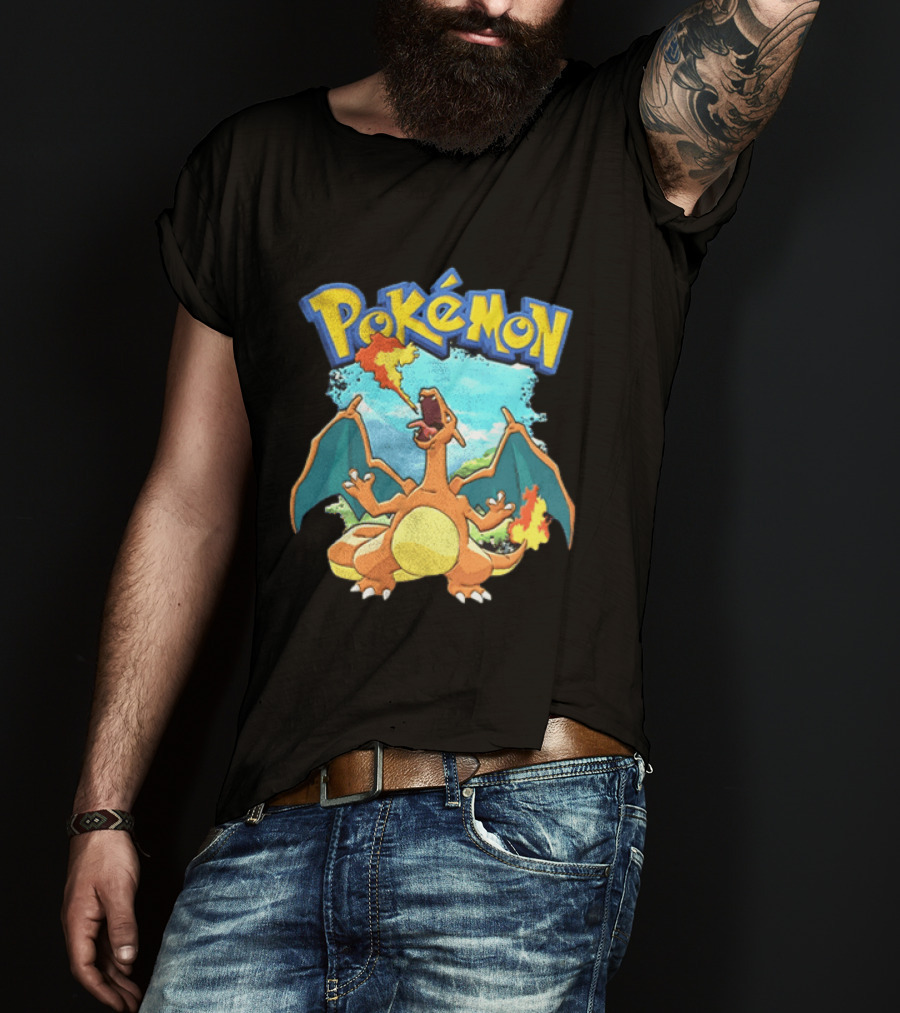 Pokemon Charizard Breathing Fire In Green Landscape T-Shirt