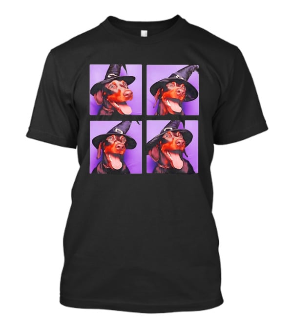 Doberman Pinscher In Witch Hat For Halloween With Purple T-Shirt