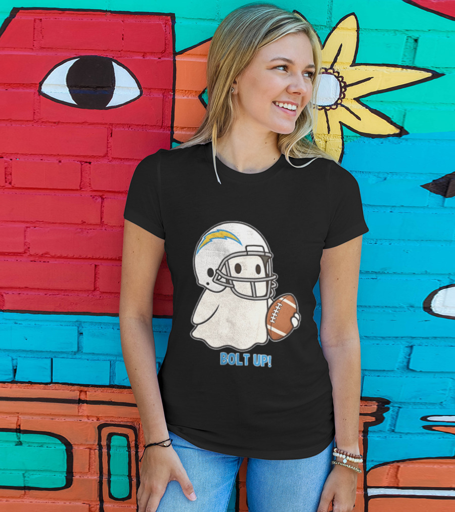 Los Angeles Chargers Bolt Up Ghost Football Helmet Holding Ball T-Shirt