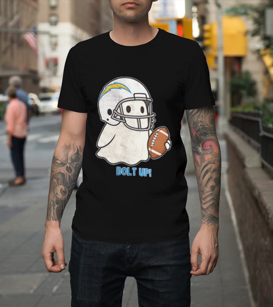 Los Angeles Chargers Bolt Up Ghost Football Helmet Holding Ball T-Shirt