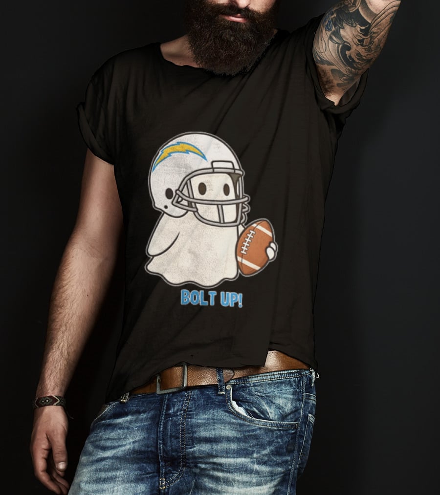 Los Angeles Chargers Bolt Up Ghost Football Helmet Holding Ball T-Shirt