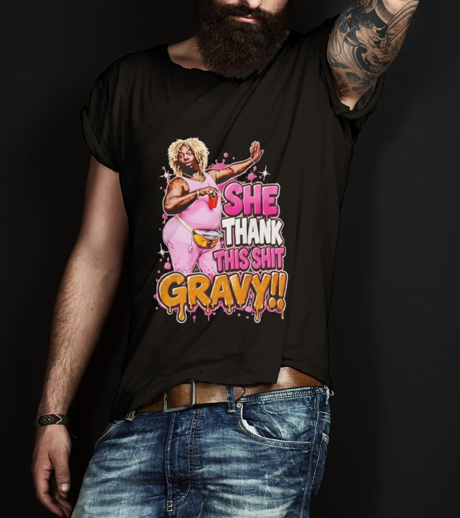 Yung Gravy She Thank This Shit Gravy Rapper Pink Outfit Drink Pose T-Shirt