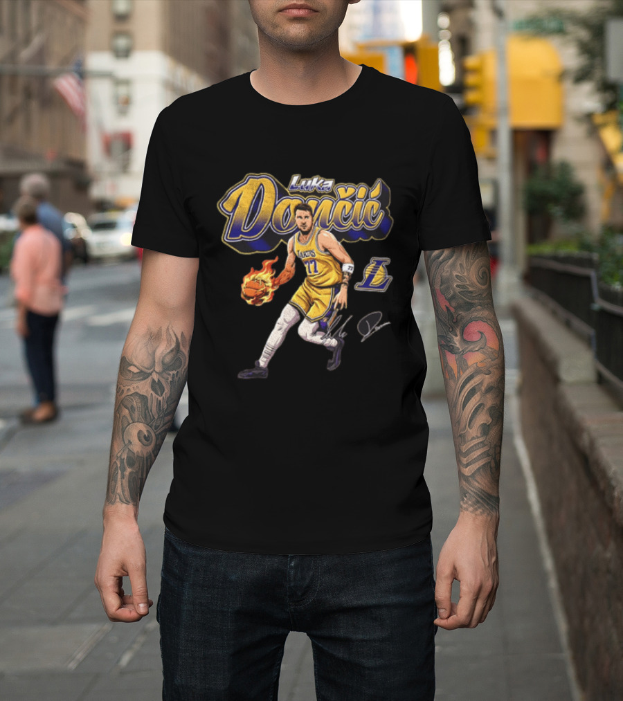 Luka Dončić Los Angeles Lakers Flaming Basketball Dribble NBA Player T-Shirt