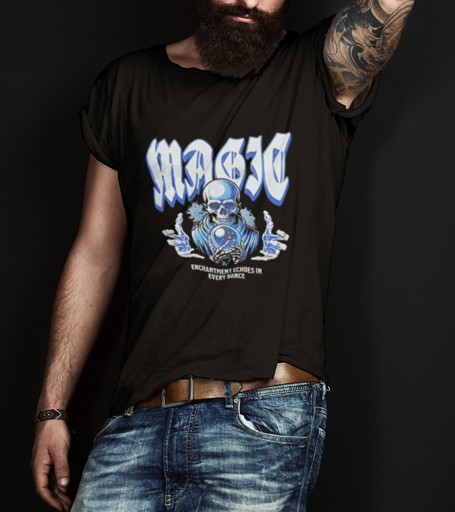 Magic Enchantment Echoes Skeleton Holding Glowing Crystal Ball T-Shirt