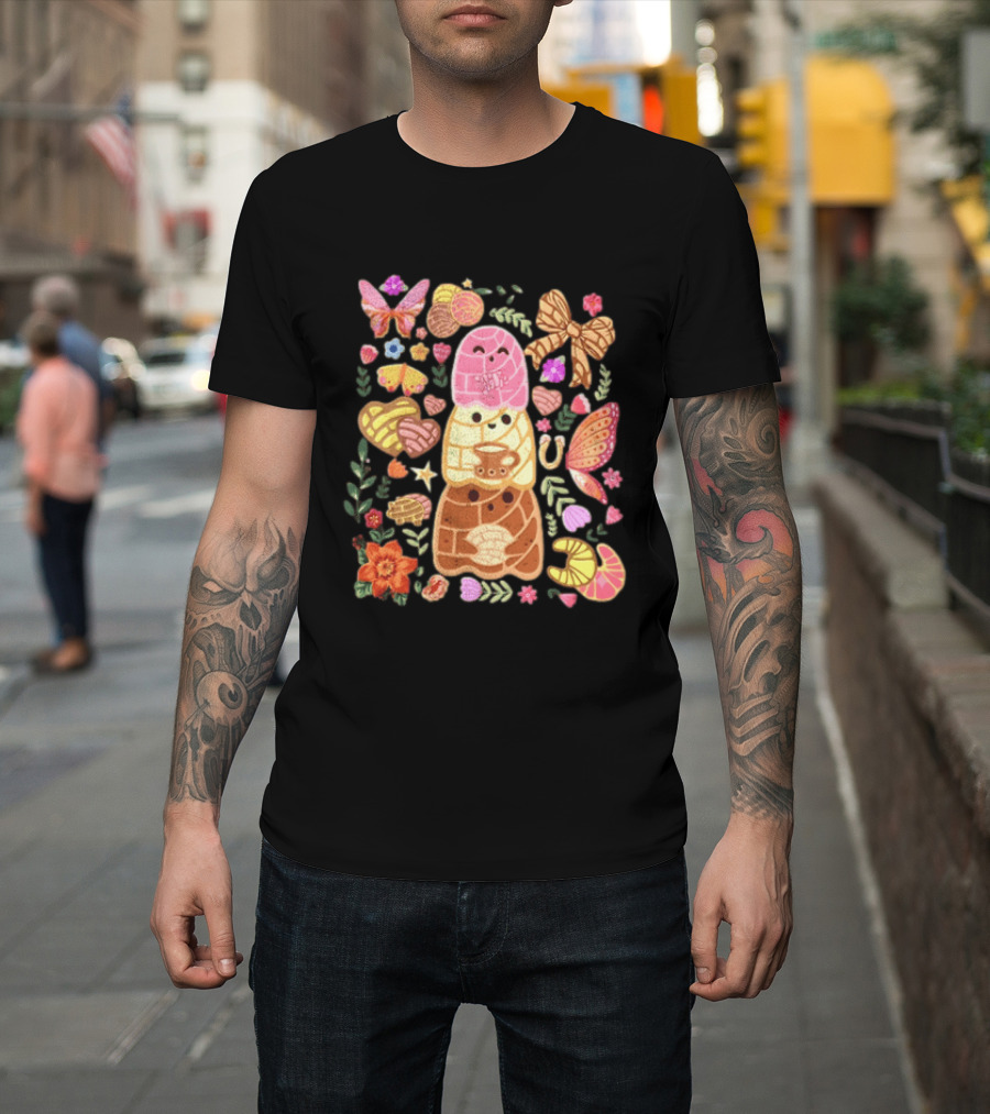 Stacked Concha Bread Characters With Colorful Flowers And Butterflies T-Shirt