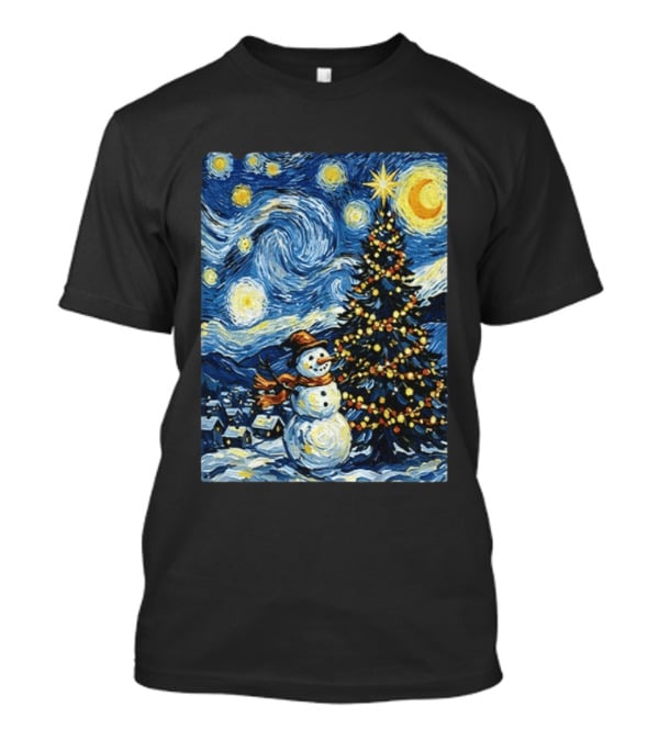 Starry Snowman Christmas Night With Tree And Sky T-Shirt