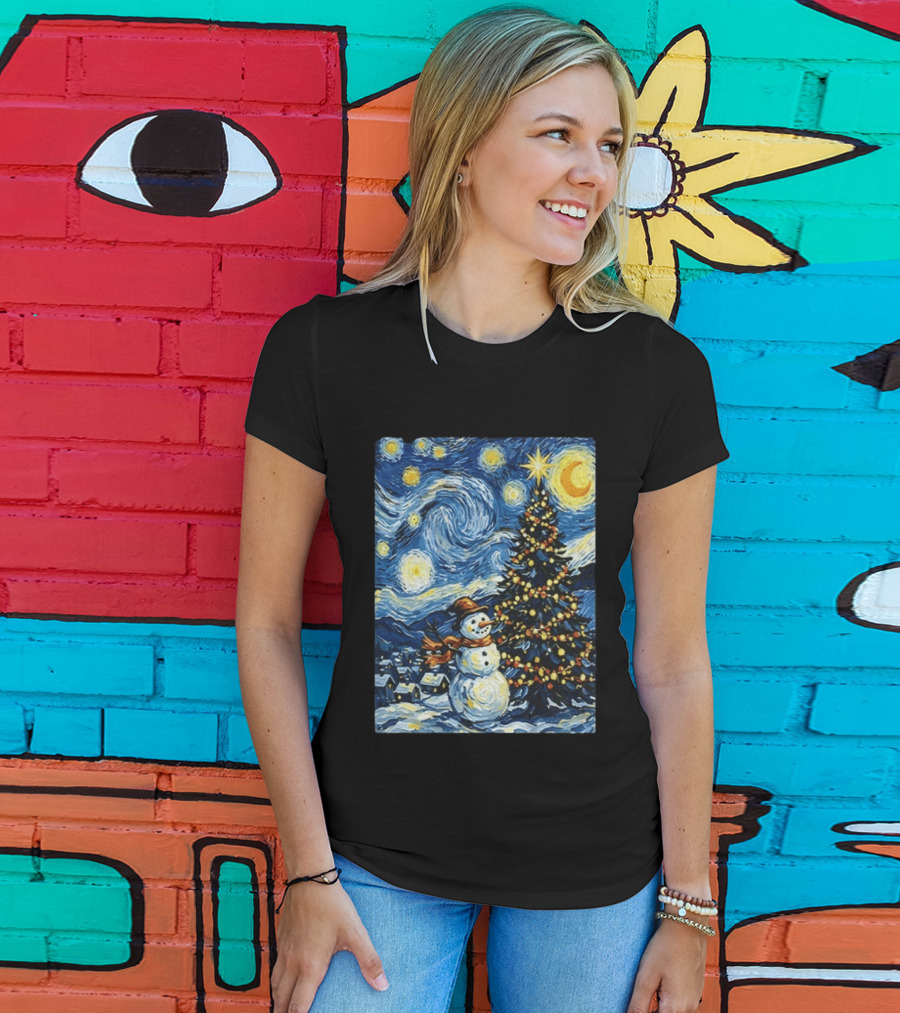 Starry Snowman Christmas Night With Tree And Sky T-Shirt