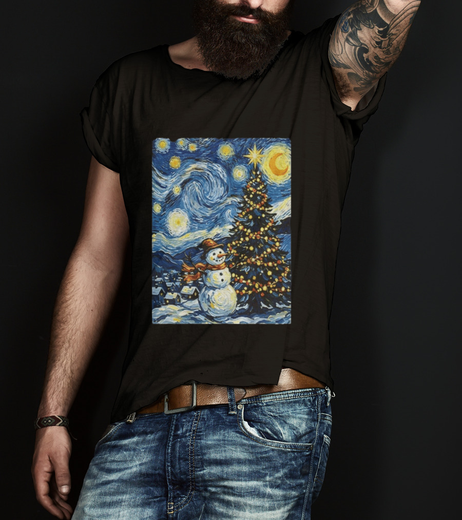 Starry Snowman Christmas Night With Tree And Sky T-Shirt