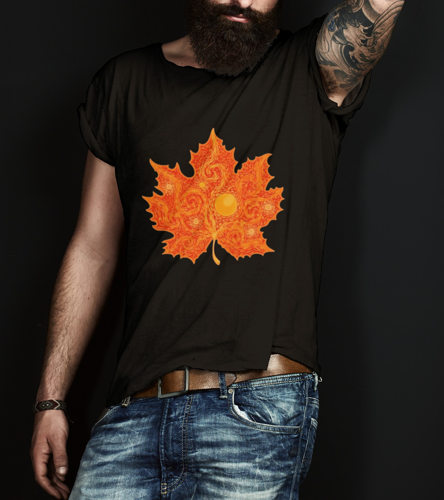Starry Night Orange Maple Leaf Autumn Swirl T-Shirt