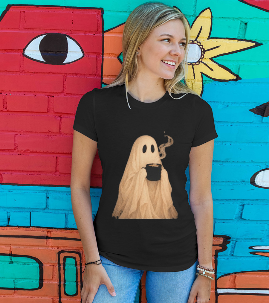 Ghost Spooky Coffee Bar Halloween Cozy Ghost Holding Coffee Steam T-Shirt