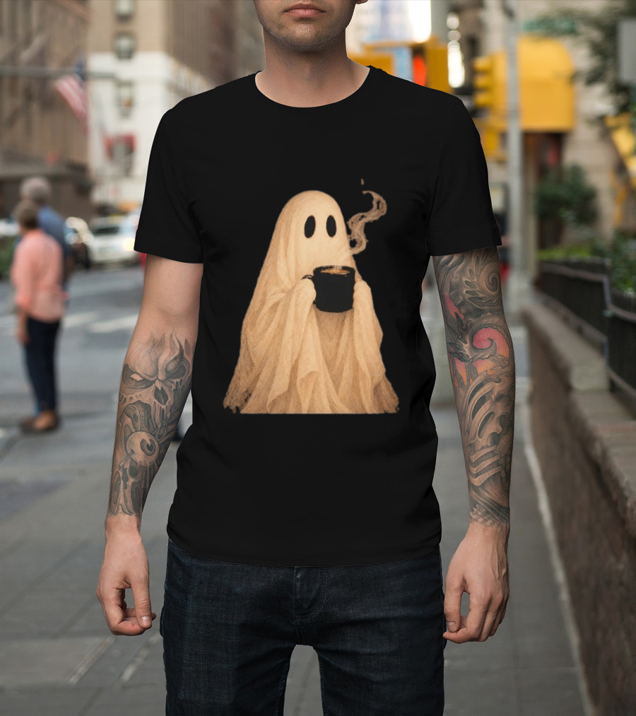 Ghost Spooky Coffee Bar Halloween Cozy Ghost Holding Coffee Steam T-Shirt