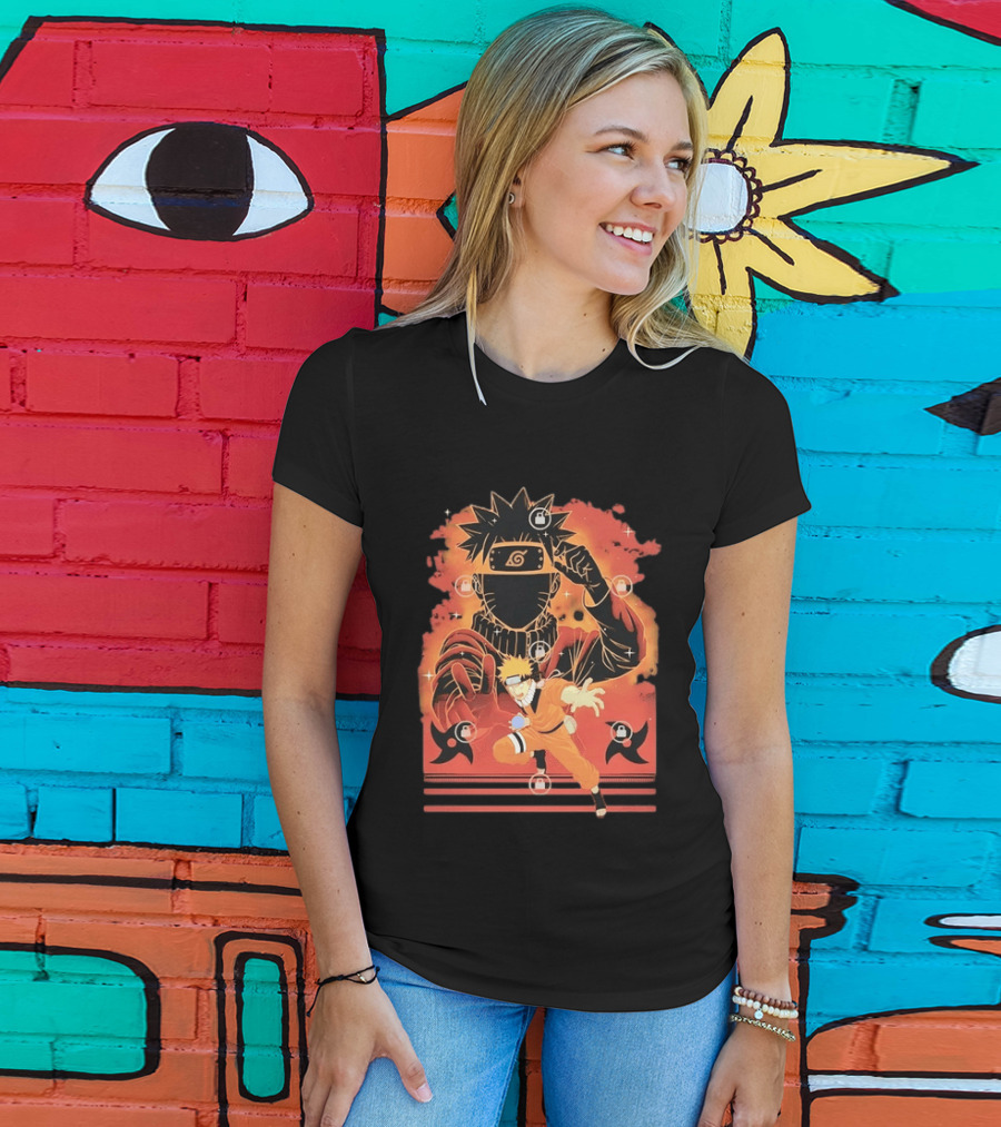 Naruto Uzumaki Ninja Action Anime Manga Shadow Clone Jutsu Shuriken Flames T-Shirt