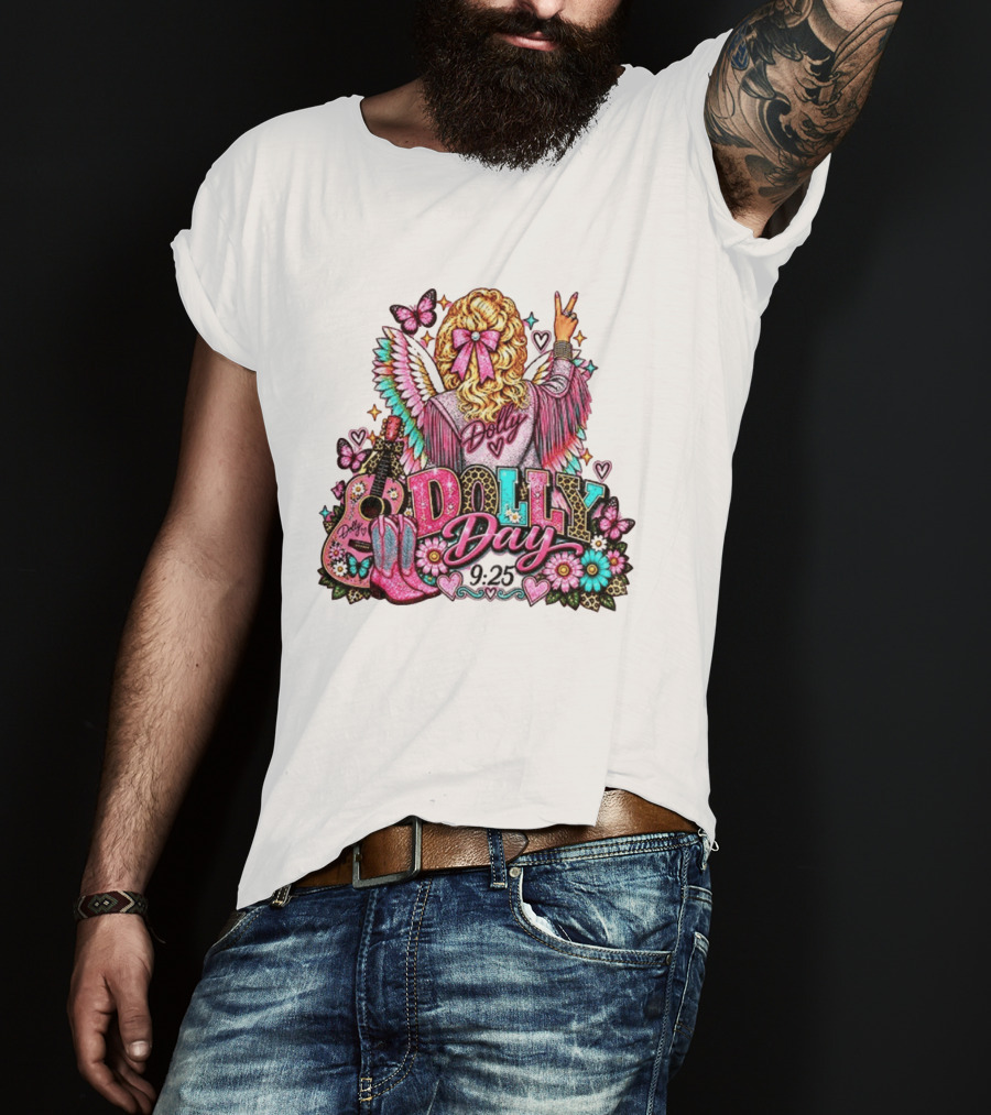 Dolly Day 9.25 Pink Cowgirl Boots Guitar Western Butterflies Hearts T-Shirt