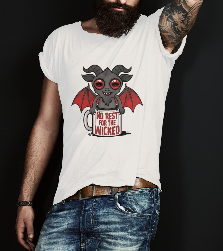 No Rest For The Wicked Little Demon Coffee Red Eyed Bat Wings T-Shirt