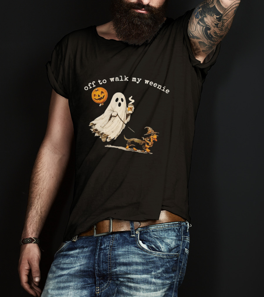 Ghost Walking With Pumpkin Balloon And Dachshund Halloween Fun T-Shirt