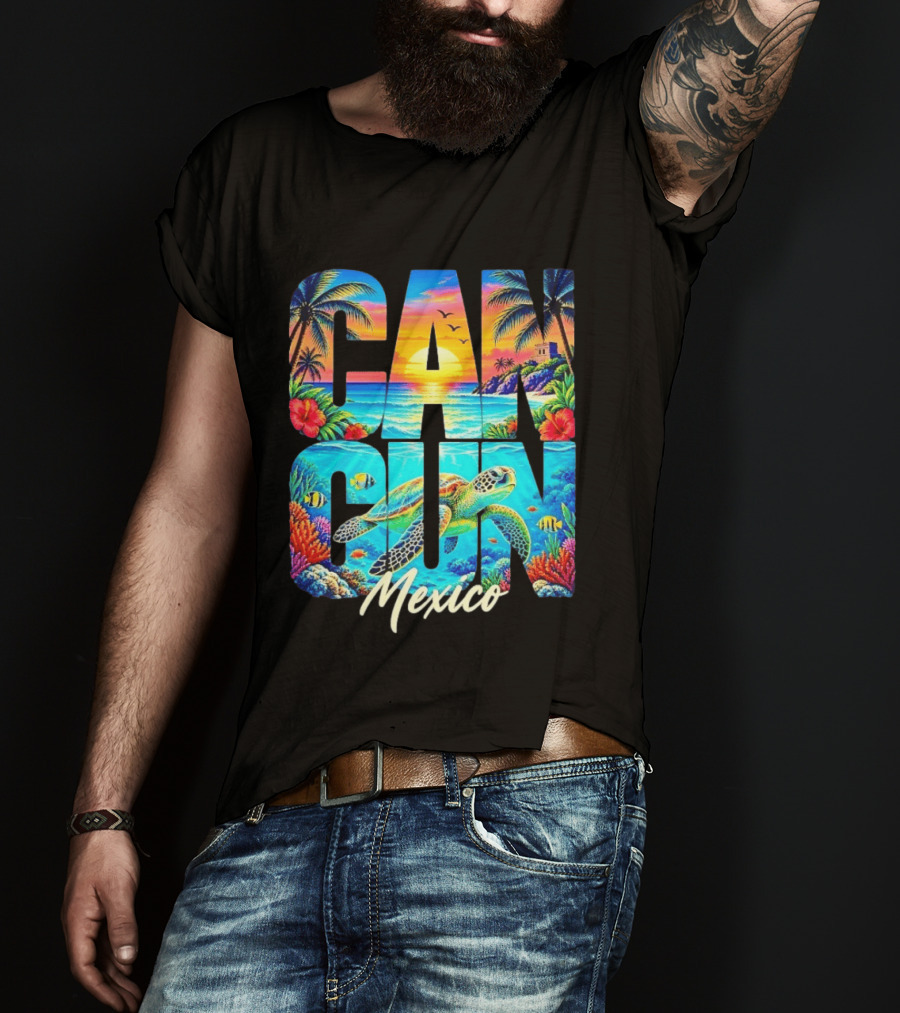 Cancun Mexico Tropical Sea Turtle Sunset Palm Trees Ocean Scene T-Shirt