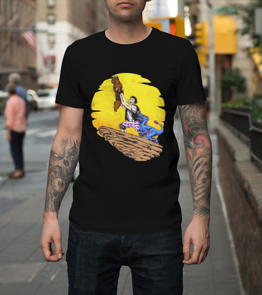 Randy Marsh Holding Cat With Blue Dinosaur Scene T-Shirt