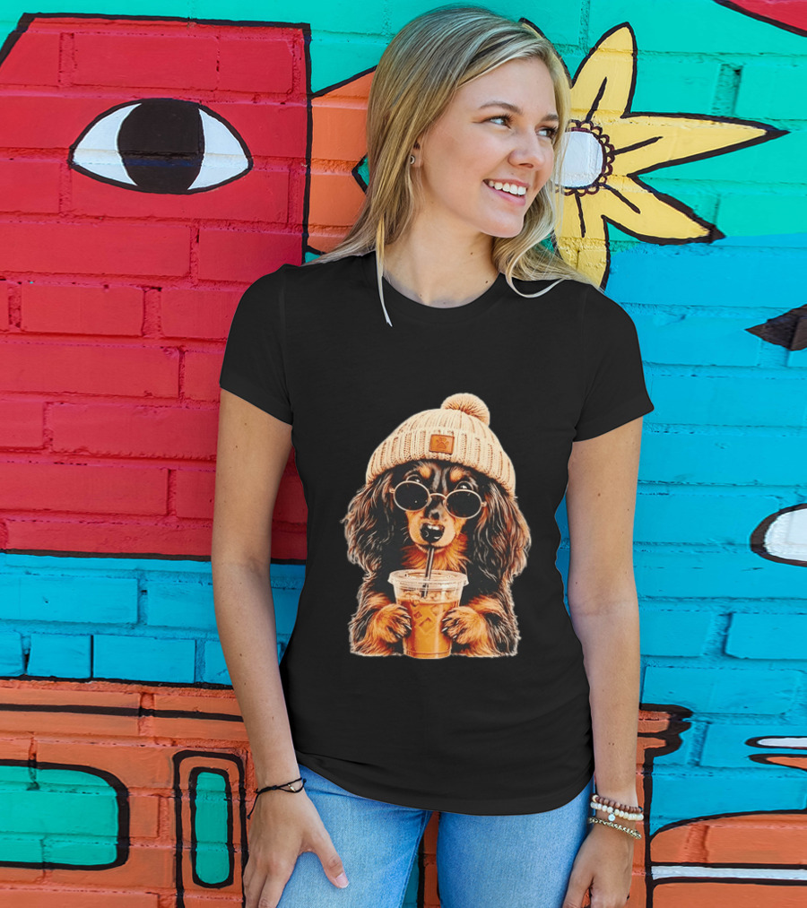 Dachshund Beanie Sunglasses Iced Coffee Trendy Dog Fashion T-Shirt