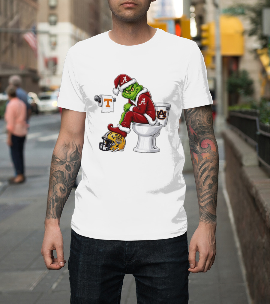 Alabama Crimson Tide Santa Grinch Sitting Auburn Toilet LSU Helmet Christmas T-Shirt
