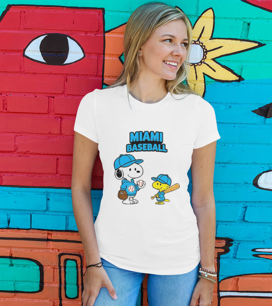 Snoopy Woodstock Miami Baseball Peanuts Cartoon MLB T-Shirt